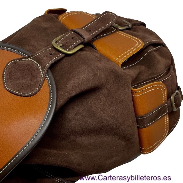 BROWN SUEDE LEATHER BACKPACK WITH NATURAL LEATHER ON THE CLOSURES AND HANDLES 