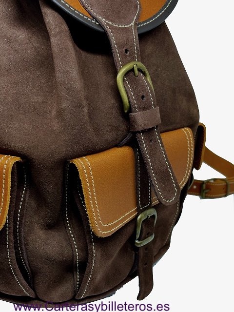 BROWN SUEDE LEATHER BACKPACK WITH NATURAL LEATHER ON THE CLOSURES AND HANDLES 