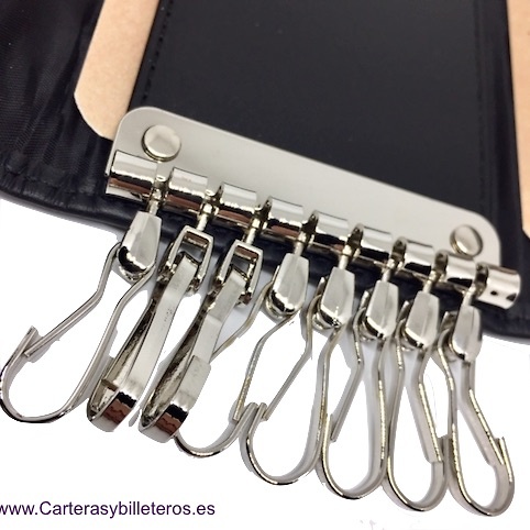 CALF LEATHER KEYCHAIN WITH EIGHT CHROME CARABINERS 