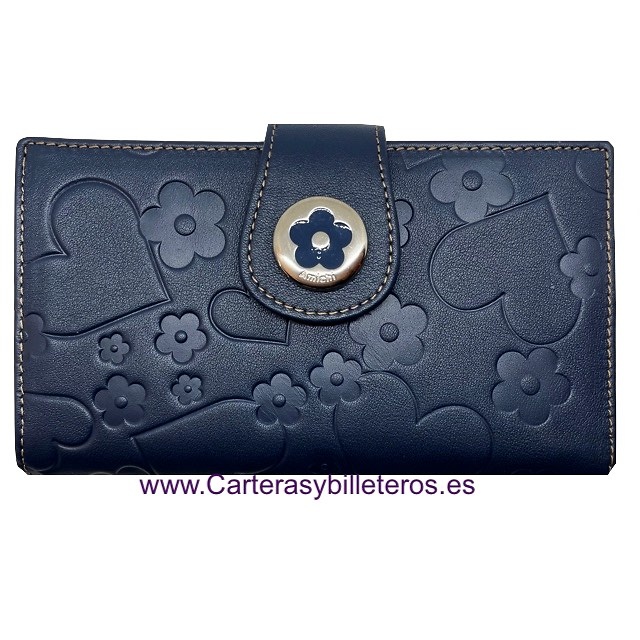 CARTERA AMICHI DE MUJER DE PIEL LUXURY CON GRABADOS DE FLORES AMICHI Y CORAZONES 