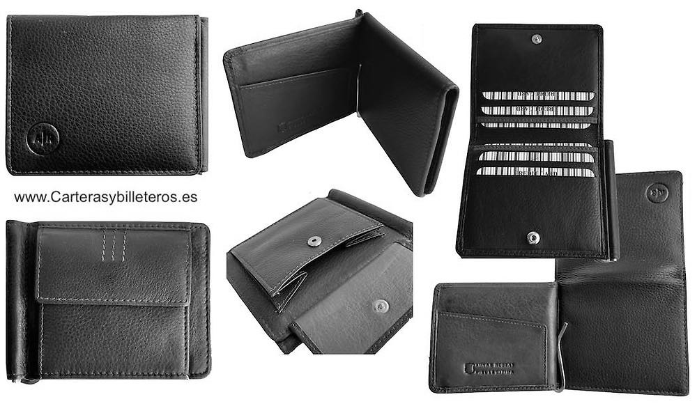 CARTERA BILLETERA DE HOMBRE CON PINZA CLIP Y MONEDERO EXTERIOR 