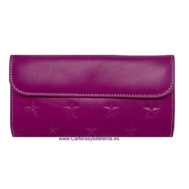 CARTERA BILLETERA MUJER GRANDE DE PIEL UBRIQUE EXTRA SUAVE LILA CON ESTRELLAS A RELIEVE 