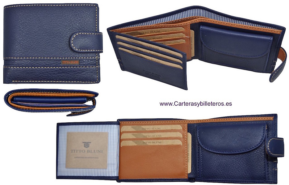 CARTERA DE HOMBRE DE PIEL LUXURY MARCA TITTO BLUNI Cartera de hombre de la marca Titto BLuni con de piel luxury con cierre exterior lateral y en su interor tiene un monedero billetera doble y espacio para tarjetas de credito y carnets