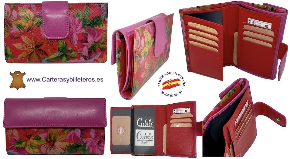 CARTERA DE MUJER DE PIEL CON MONEDERO CON PINTURA DE FLORES BALINESAS 