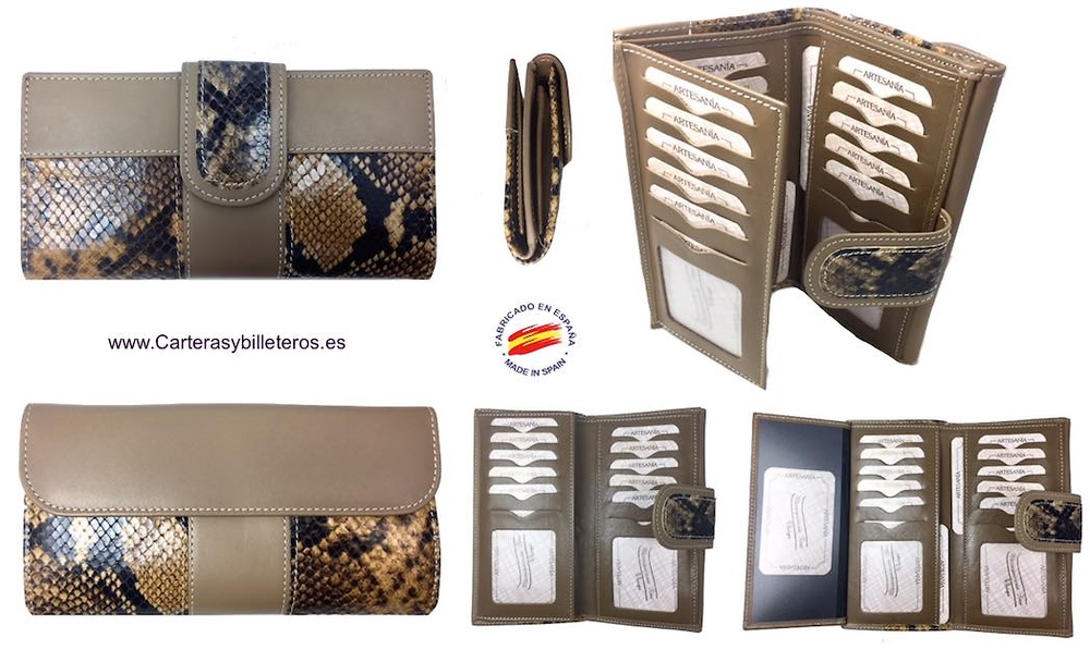 CARTERA GRANDE DE PIEL DE SERPIENTE PIEL UBRIQUE DE MUJER 20 TARJETAS 