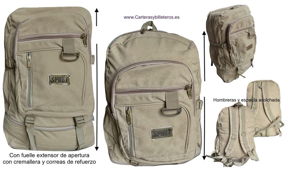 EXTRA STRONG CANVAS BACKPACK WITH 7 POCKETS AND EXPANDABLE BOTTOM 