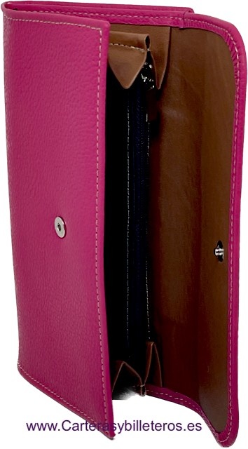 LARGE FUCHSIA WOMEN'S LEATHER WALLET WITH EMBROIDERED LEATHER FASTENER 