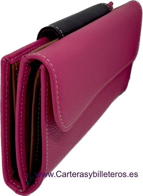 LARGE FUCHSIA WOMEN'S LEATHER WALLET WITH EMBROIDERED LEATHER FASTENER 