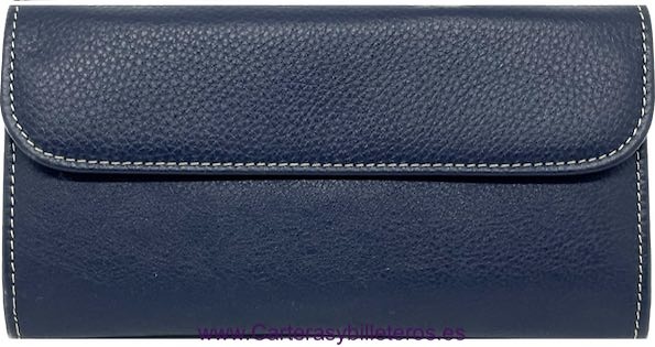 LARGE NAVY BLUE WOMEN'S LEATHER WALLET WITH EMBROIDERED LEATHER FASTENER 