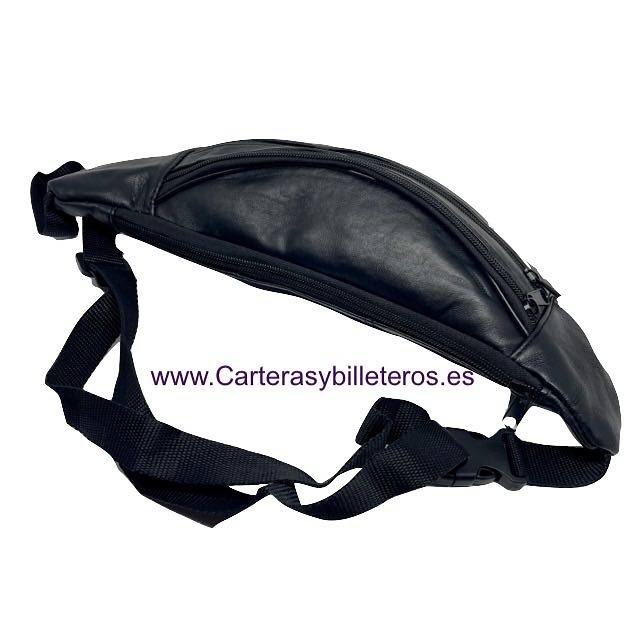 LARGE WAIST FANNY PACK MADE IN BLACK LEATHER AND ADJUSTABLE TO THE WAIST 