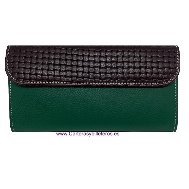 LARGE WOMEN'S GREEN UBRIQUE LEATHER WALLET WITH BROWN BRAIDED CLOSURE AND FLAP 