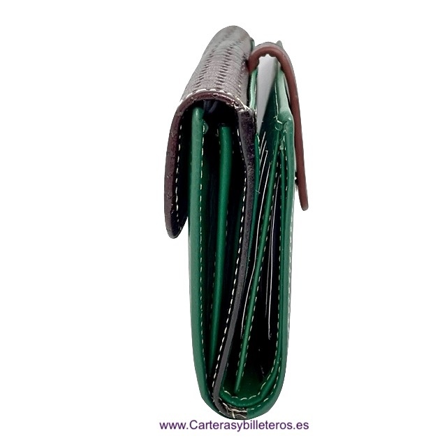 LARGE WOMEN'S GREEN UBRIQUE LEATHER WALLET WITH BROWN BRAIDED CLOSURE AND FLAP 