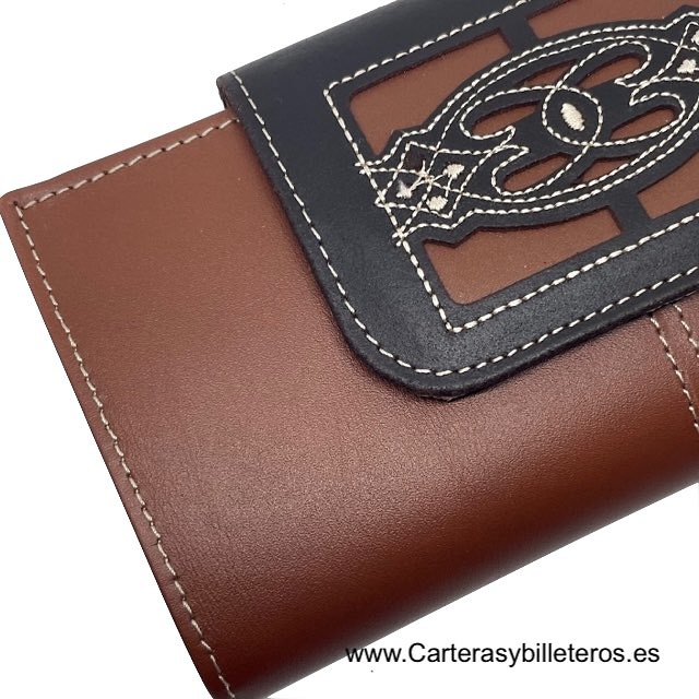 LARGE WOMEN'S LEATHER WALLET UBRIQUE WITH EMBROIDERY CLASP 