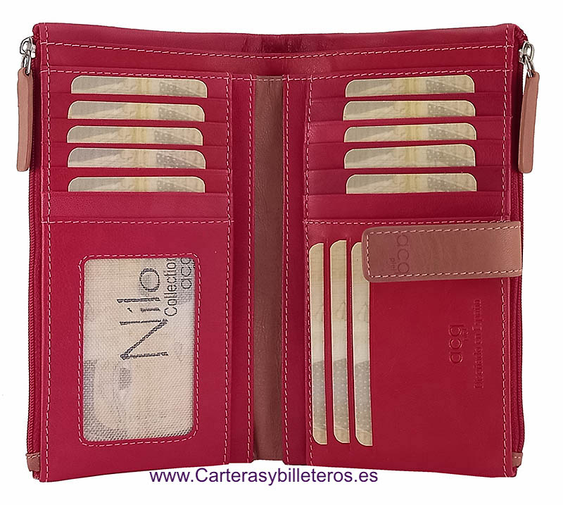 LARGE WOMEN'S WALLET CARD HOLDER IN QUALITY LEATHER WITH DOUBLE PURSE WITH ZIPPER CLOSURE 