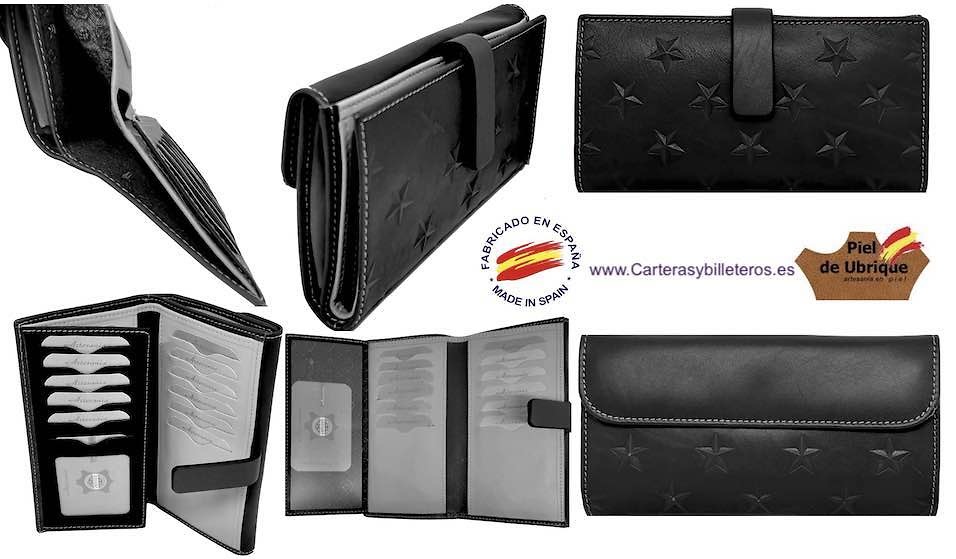 LARGE WOMEN'S WALLET IN BLACK UBRIQUE EXTRA SOFT LEATHER WITH EMBOSSED STARS 