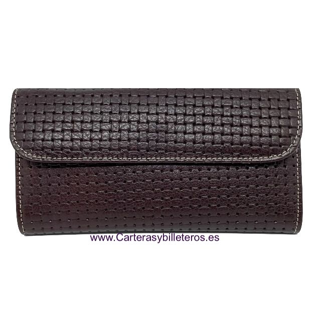 LARGE WOMEN'S WALLET IN BROWN UBRIQUE LEATHER BRAIDED WITH LEATHER CLOSURE 