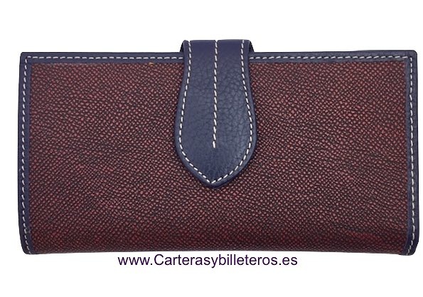 LARGE WOMEN'S WALLET IN MICRO-FRAMED BURGUNDY LEATHER WITH NAVY BLUE 