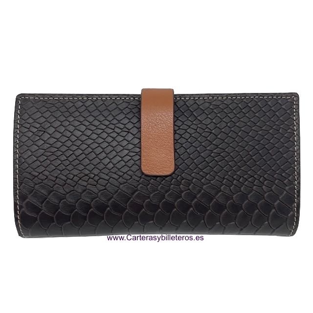 LARGE WOMEN'S WALLET IN UBRIQUE LEATHER SNAKE ENGRAVING WITH CUE CLOSURE 