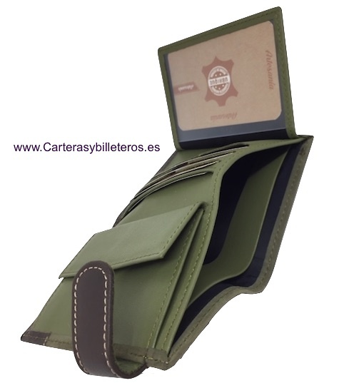 LEATHER AND NOBUCK WALLET WALLET WITH FLAG FOR 8 CARDS AND EXTERIOR CLOSURE HIGH QUALITY 