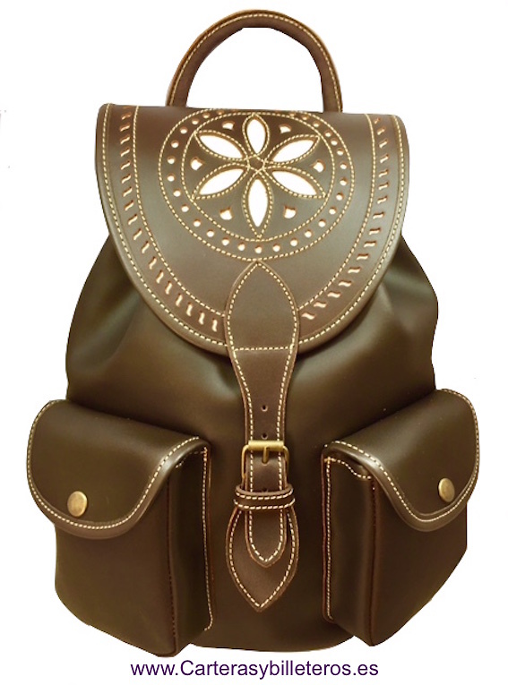 LEATHER BACKPACK FOR MEN OR WOMEN WITH ARTISANAL ADORN 
