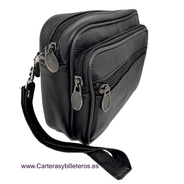 LEATHER BAG WITH HANDLE AND FOUR ZIPPER POCKETS -2 SIZES - 