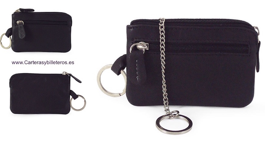 LEATHER PURSE WITH DOUBLE RING KEYCHAIN WITH CHAIN -5 COLORS- 