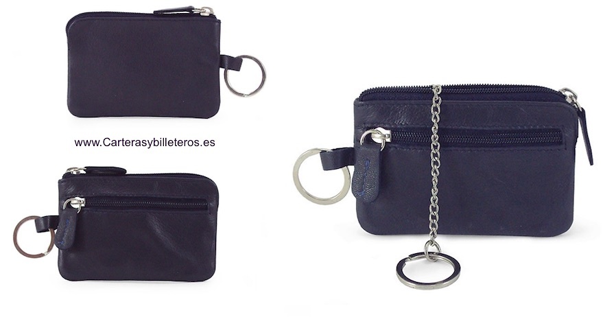 LEATHER PURSE WITH DOUBLE RING KEYCHAIN WITH CHAIN -5 COLORS- 