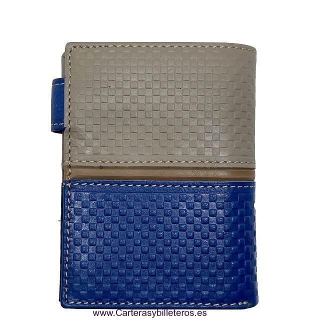 LEATHER WALLET PURSE WITH BLUE AND GRAY EXTERIOR CLOSURE WITH CHECKED WEFT 