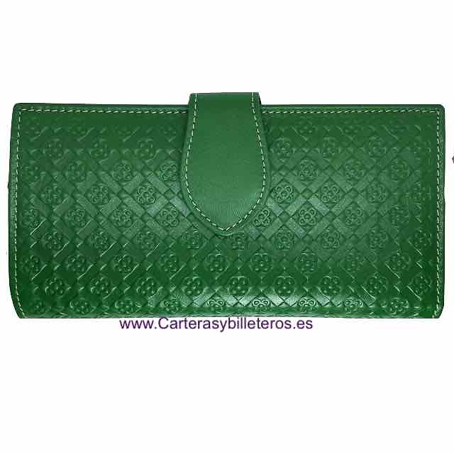 LEATHER WOMEN'S BIG GREEN WALLET WITH ZIPPER PURSE 