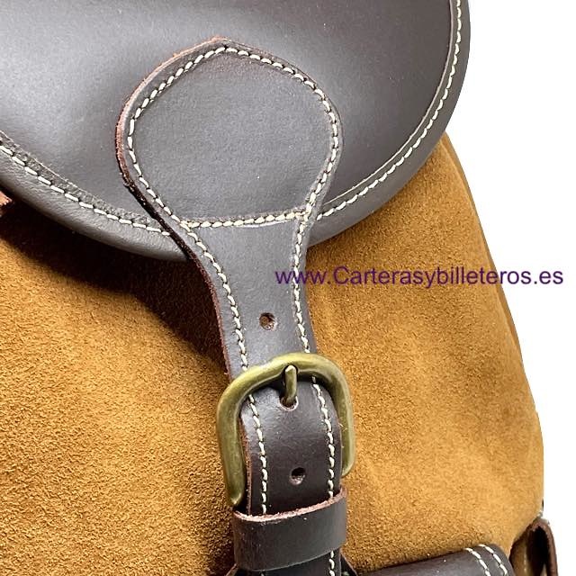 LIGHT BROWN SUEDE LEATHER BACKPACK WITH DARK BROWN LEATHER ON THE CLOSURES AND HANDLES 