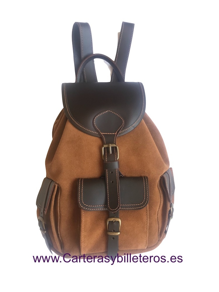 LIGHT BROWN SUEDE LEATHER BACKPACK WITH DARK BROWN LEATHER ON THE CLOSURES AND HANDLES 
