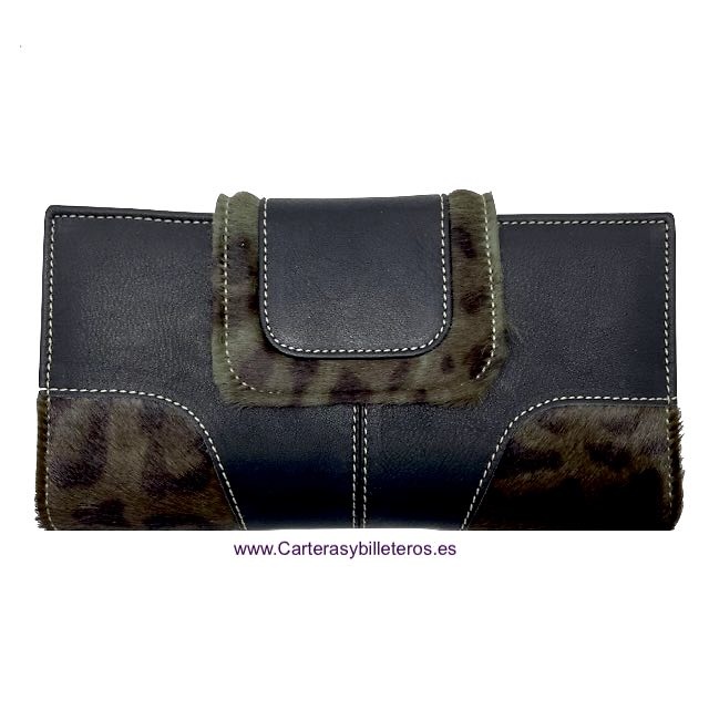 LONG BLACK LEATHER WOMAN WALLET WITH HAIR SKIN WITH PURSE 