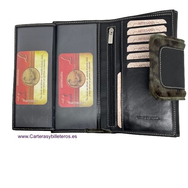 LONG BLACK LEATHER WOMAN WALLET WITH HAIR SKIN WITH PURSE 