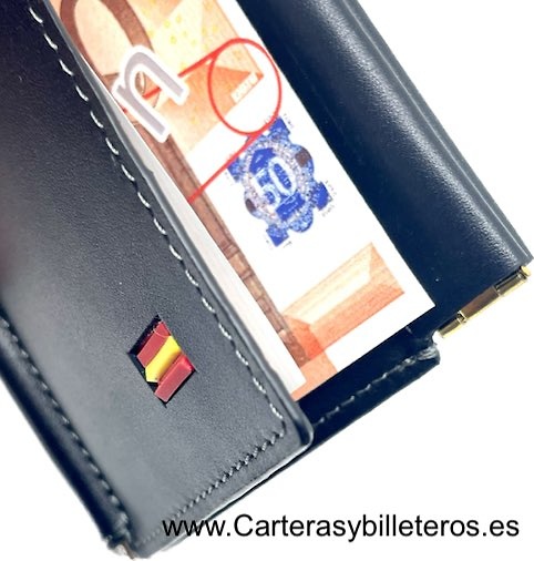 LUXURY LEATHER WALLET WITH MONEY CLIP AND COIN PURSE WITH SPANISH FLAG 