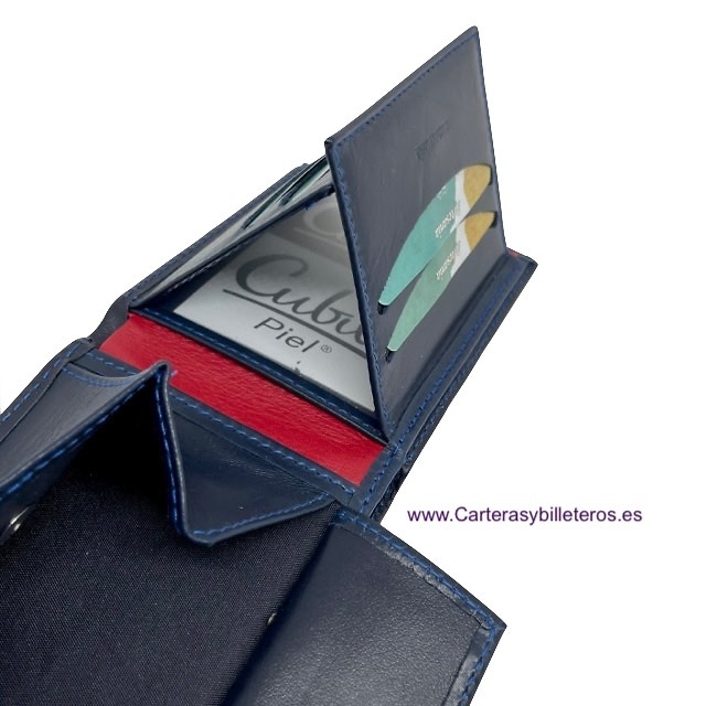 MEN'S LEATHER WALLET WITH COIN PURSE AND EASY-ACCESS OUTSIDE POCKET, BLUE RED 