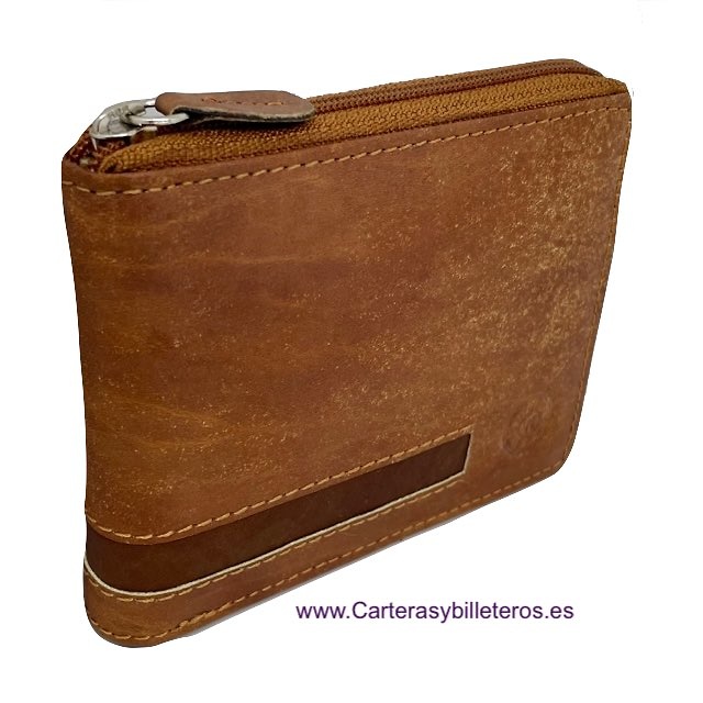 Men's wallet with zip closure and leather coin purse Medium men's wallet made of leather with perimeter zipper closure that inside has a purse with zip closure, wallet and card holder, all made of leather.