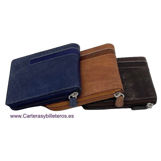 MEN'S ZIPPERED WALLET IN WAXED LEATHER WITH COIN PURSE WILDZONE 