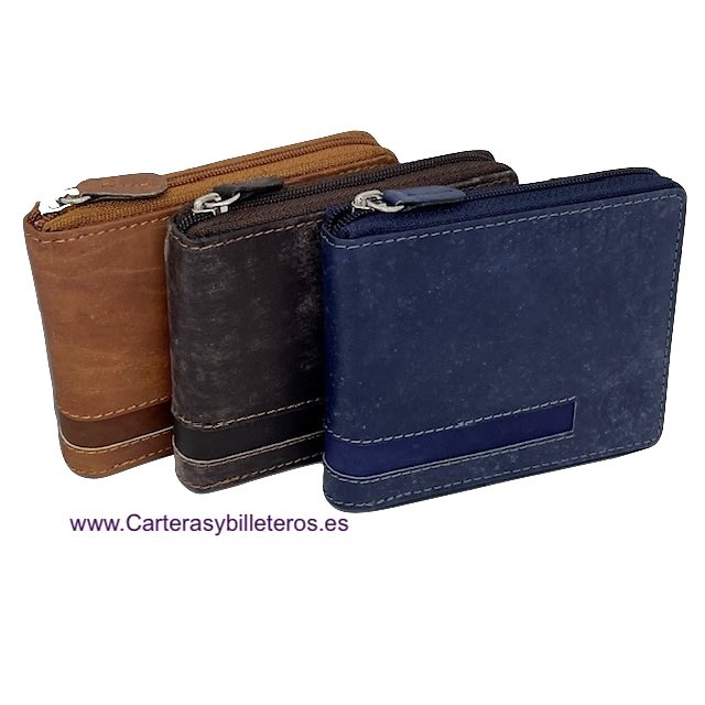 MEN'S ZIPPERED WALLET IN WAXED LEATHER WITH COIN PURSE WILDZONE 