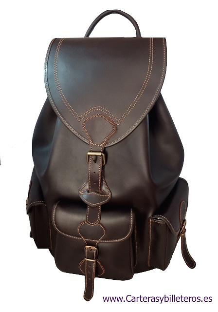 VERY LARGE LEATHER BACKPACK WITH 4 POCKETS MADE IN SPAIN OF ARTISANAL SHAPE AND CLOSURE BELTS IN POCKETS 