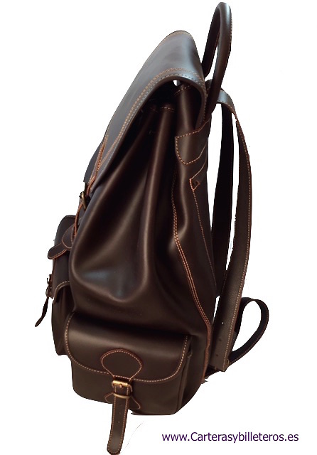 VERY LARGE LEATHER BACKPACK WITH 4 POCKETS MADE IN SPAIN OF ARTISANAL SHAPE AND CLOSURE BELTS IN POCKETS 