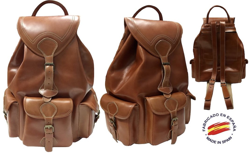 VERY LARGE LUXURY LEATHER BACKPACK WITH 4 POCKETS MADE IN SPAIN OF ARTISANAL SHAPE AND CLOSURE BELTS IN POCKETS 