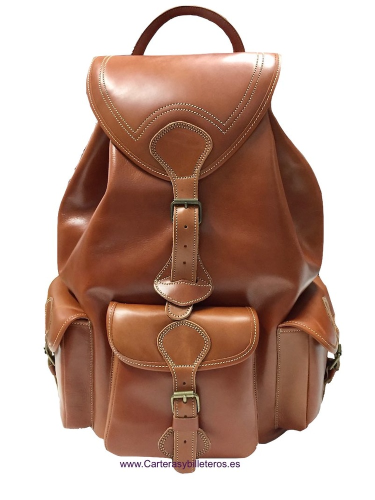 VERY LARGE LUXURY LEATHER BACKPACK WITH 4 POCKETS MADE IN SPAIN OF ARTISANAL SHAPE AND CLOSURE BELTS IN POCKETS 