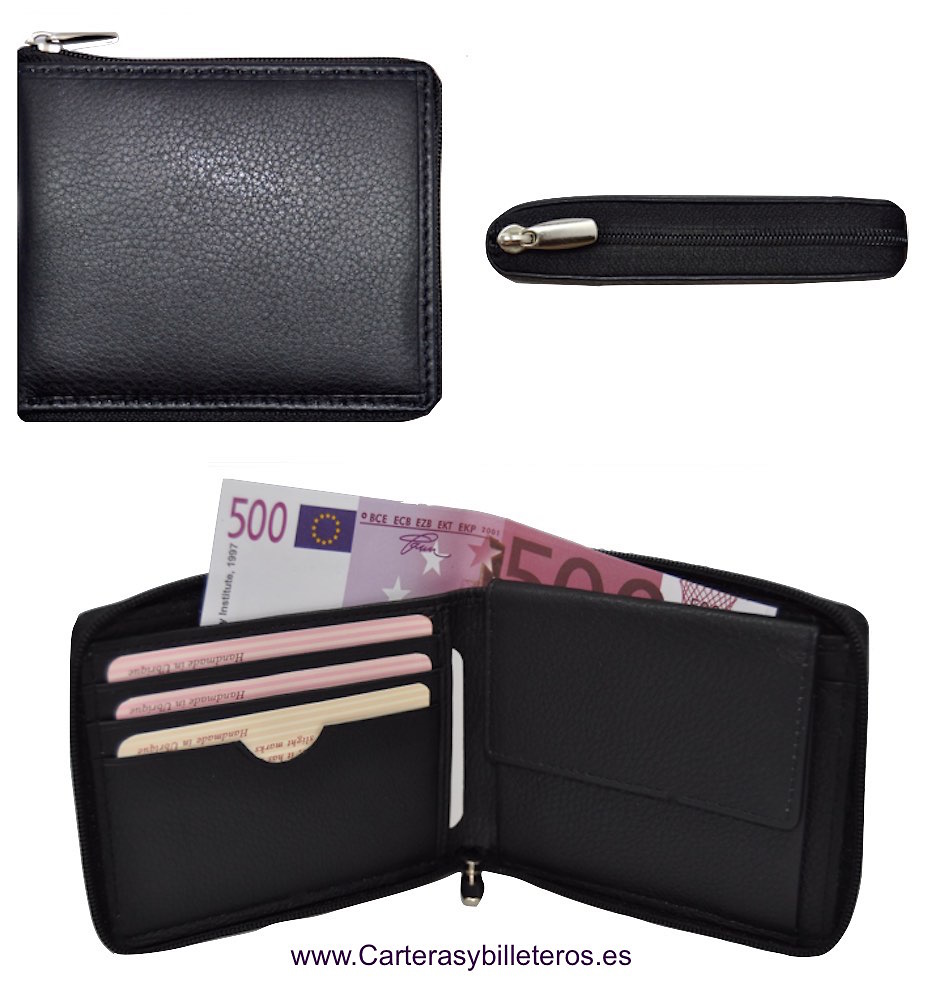 WALLET WITH PERIMETER ZIPPER + CARD HOLDER = 2 PIECES OF LEATHER MADE IN SPAIN - 