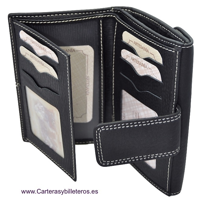 WOMEN'S BLACK THREE LEATHER WALLET MANUFACTURED IN SPAIN 