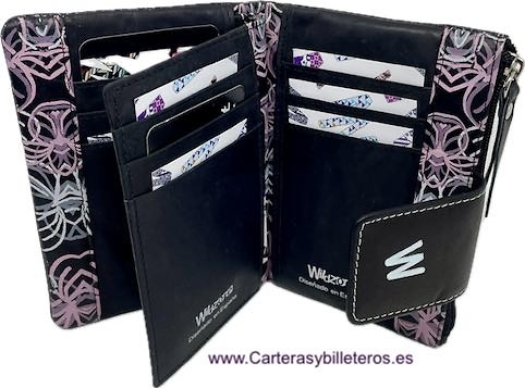 WOMEN'S DOUBLE CARD HOLDER WALLET IN PAINTED LEATHER WITH ZIPPERED COIN PURSE 