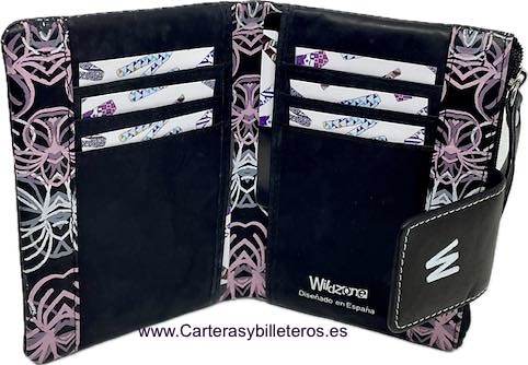 WOMEN'S DOUBLE CARD HOLDER WALLET IN PAINTED LEATHER WITH ZIPPERED COIN PURSE 