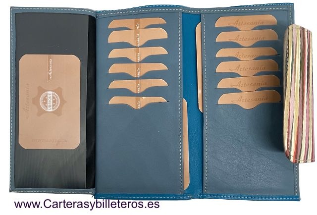 WOMEN'S LARGE BLUE LEATHER WALLET WITH COLOURED CLASP FASTENING 