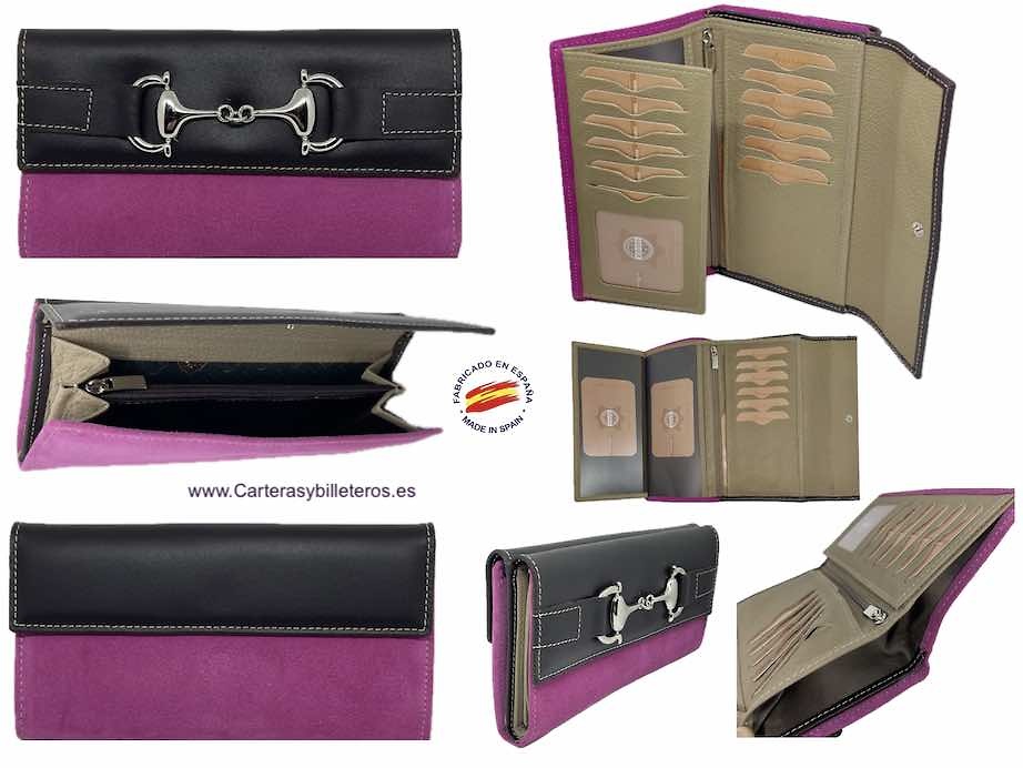 WOMEN'S LARGE WALLET IN COWHIDE AND SUEDE WITH SILVER EMBELLISHMENT 6 COLORS 