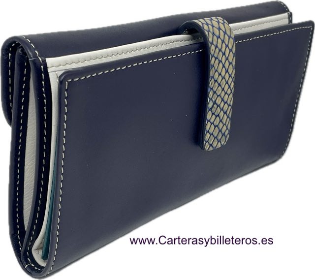 WOMEN'S LARGE WALLET IN UBRIQUE LUXURY NAVY LEATHER WITH SNAKE CLASP CLOSURE 