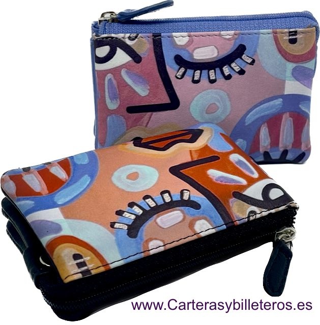 WOMEN'S LEATHER PURSE PAINTED CUBIST PAINTING WITH THREE COMPARTMENTS 